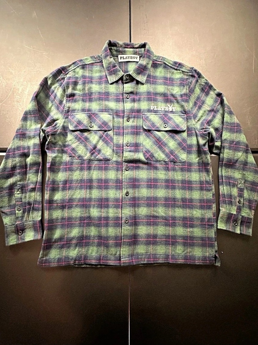 Playboy pacsun green, purple, and red plaid flannel shirt size L